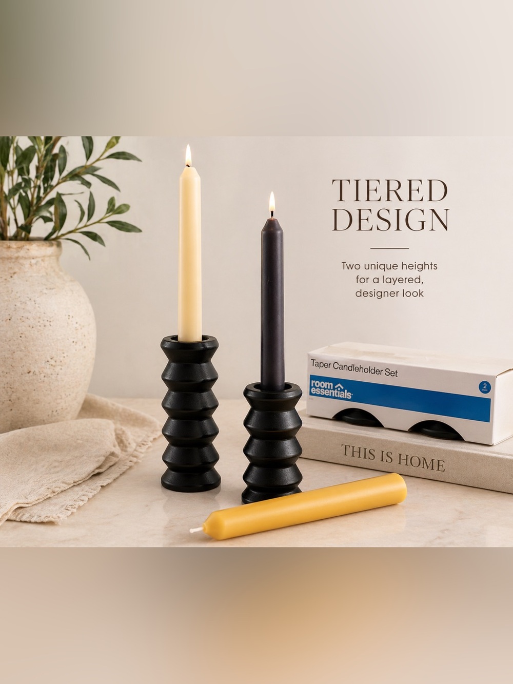 Modern Tiered Taper Candle Holder Set w Candles Black Room Essentials Decor